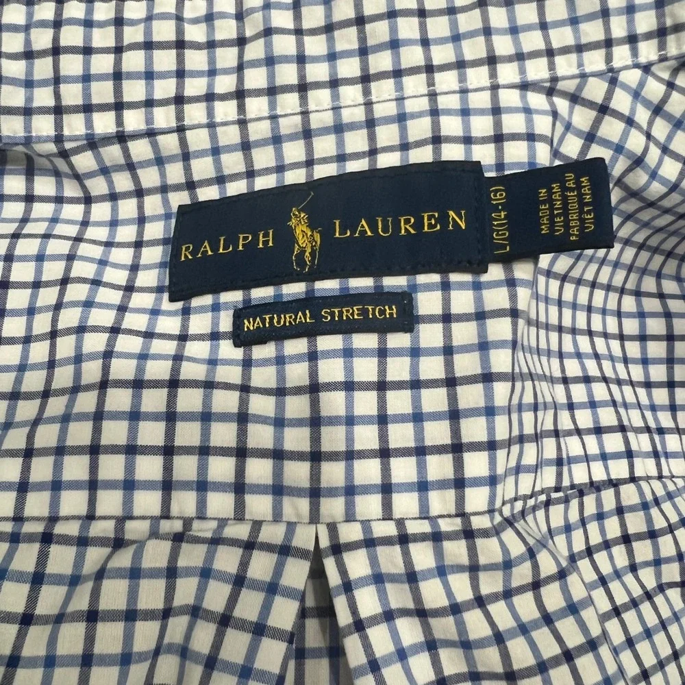 Ralph Lauren Boys Large 14-16 Check Button Down Shirt Navy White Natural Stretch